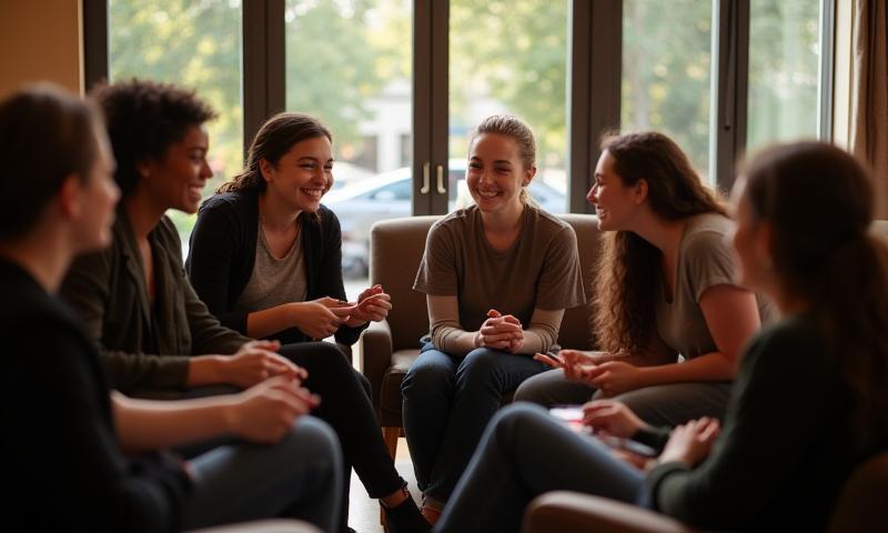 Foto de estudiantes interactuando en un espacio de comunidad